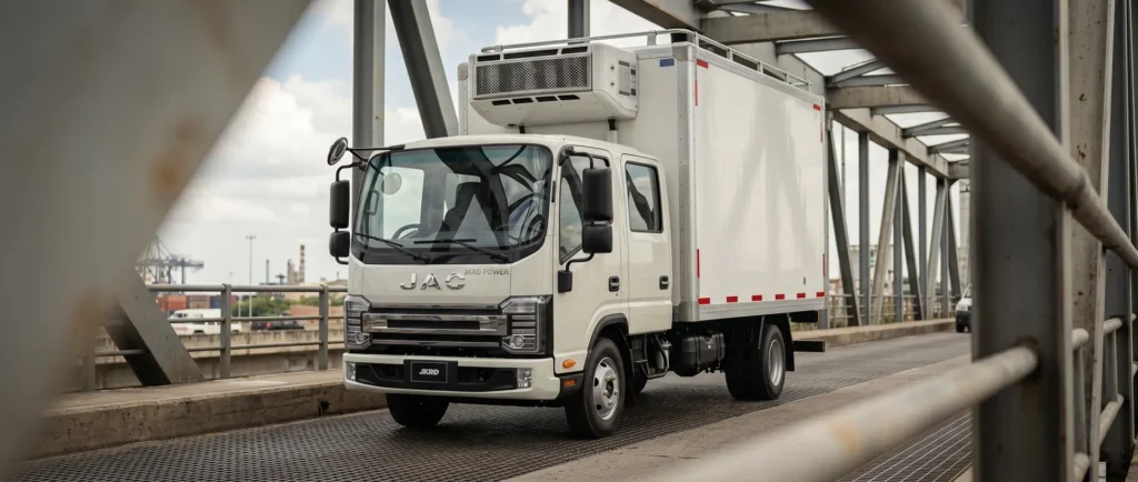 Camión JAC JKRD Power blanco con carrocería refrigerada en un puente